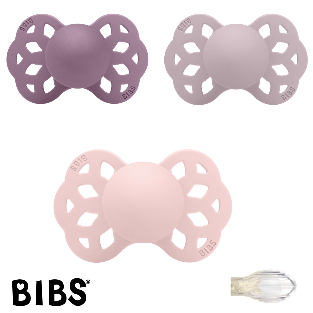 Bibs Infinity Schnuller mit Namen, Symmetrisch Silikon Gr. 2, 1 Blossom, 1 Mauve, 1 Dusky Lilac, 3\'er Pack
