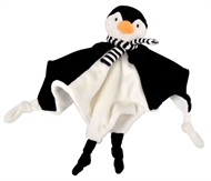Schmusetuch Penguin mit einem schwaz-Weiβ-Gestreiften Schal