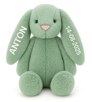 Kuscheltier mit Namen Hase, Tinka Baby, Grün, 2 Ohren Bestickung