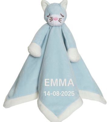 Schmusetuch mit Namen, Katze, Hellblau, Teddykompagniet, 2 Zeilen