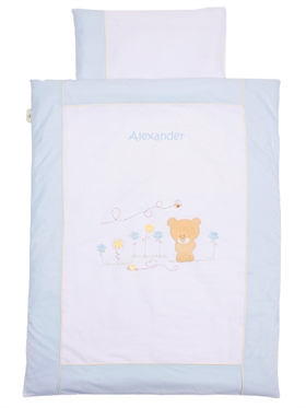 Babybettwäsche mit Namen, Honeybear Blau, 80/80 cm