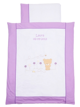 Babybettwäsche mit Namen, Honeybear Lila, 80/80 cm