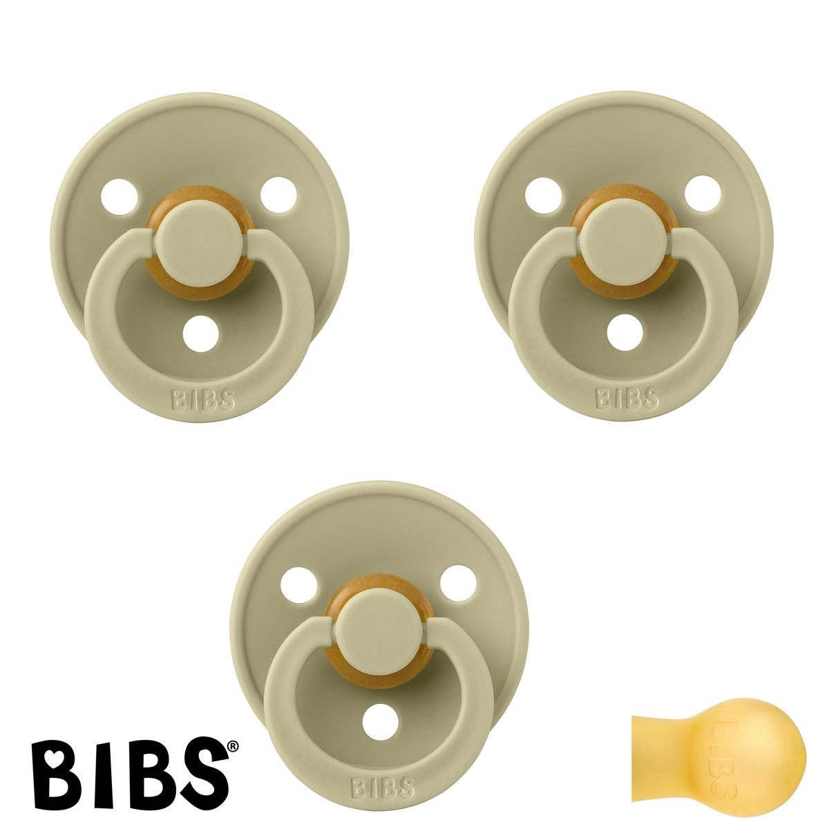 BIBS Colour Schnuller mit Namen, Gr. 2, 3 Khaki, Rund Latex, (3er Pack)