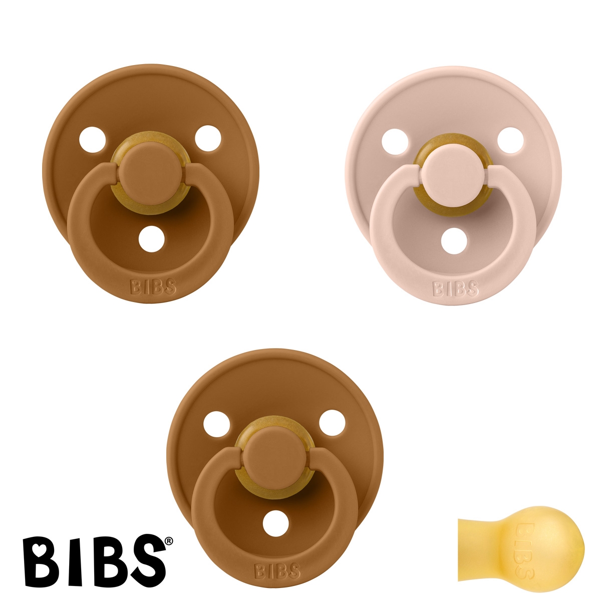 BIBS Colour Schnuller mit Namen, Gr. 2, 2 Caramel, 1 Blush, Rund Latex, (3er Pack)