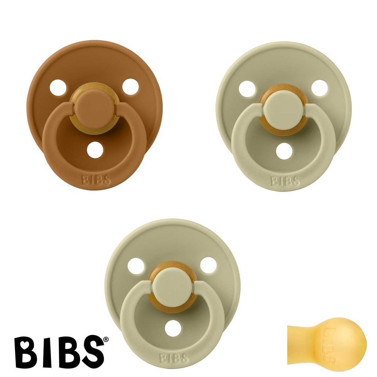 BIBS Colour Schnuller mit Namen, Gr. 2, 2 Khaki, 1 Caramel, Rund Latex, (3er Pack)
