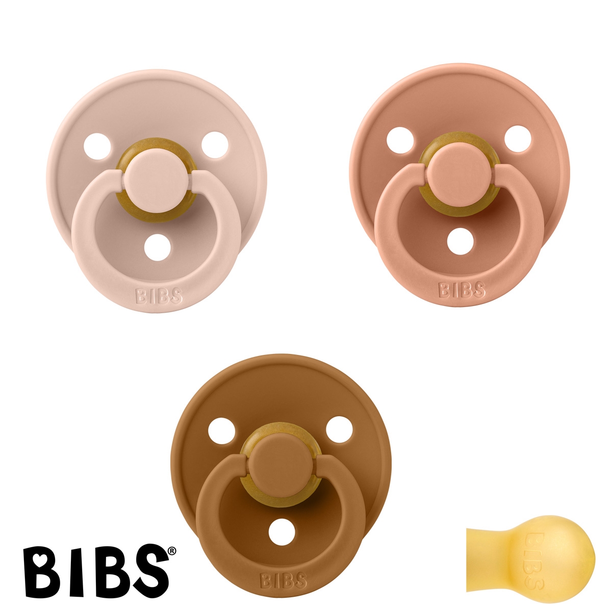 BIBS Colour Schnuller mit Namen, Gr. 2, Caramel, Peach, Blush, Rund Latex, (3er Pack)