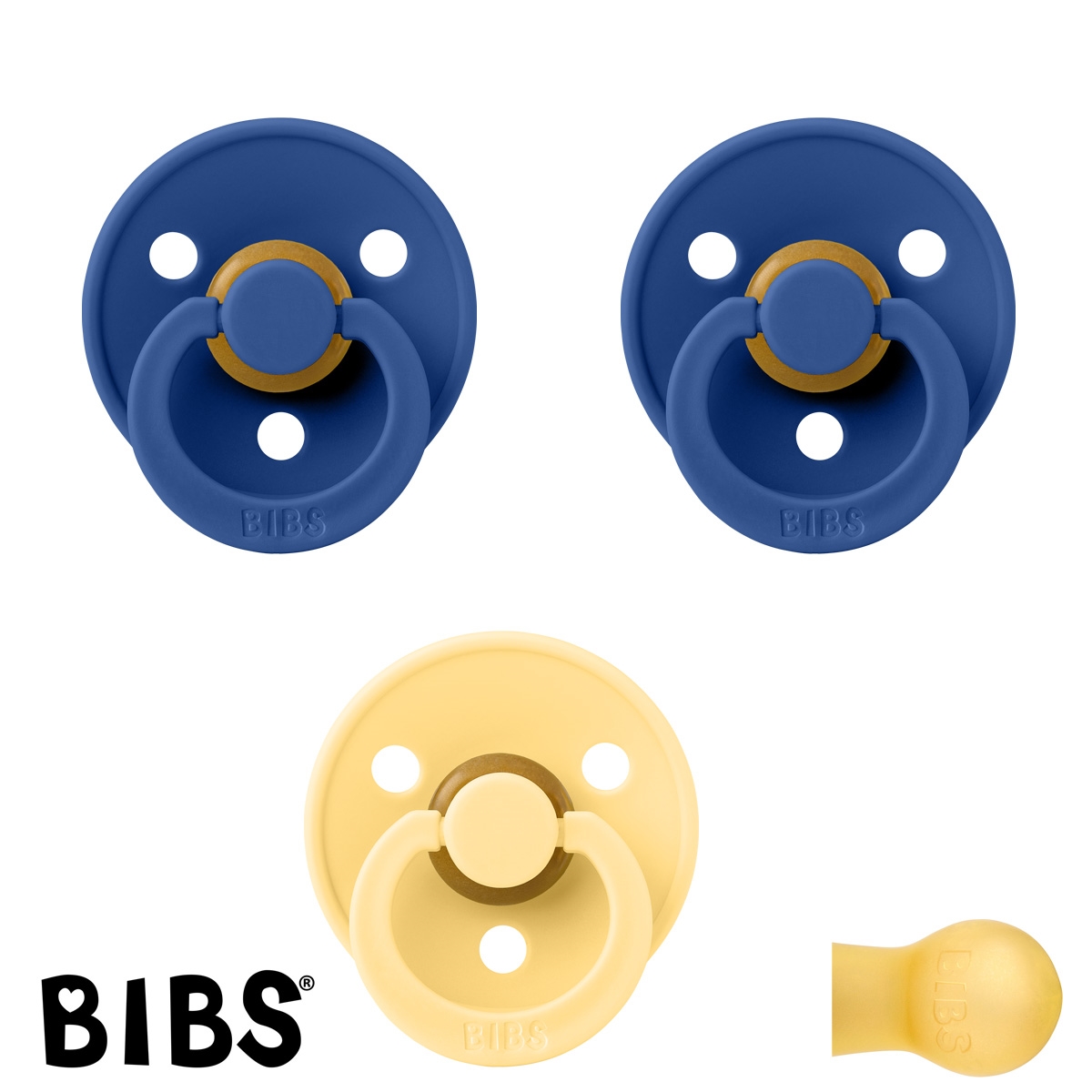 BIBS Colour Schnuller mit Namen, Gr. 2, 2 Cornflower, 1 Pale Butter, Rund Latex, (3er Pack)