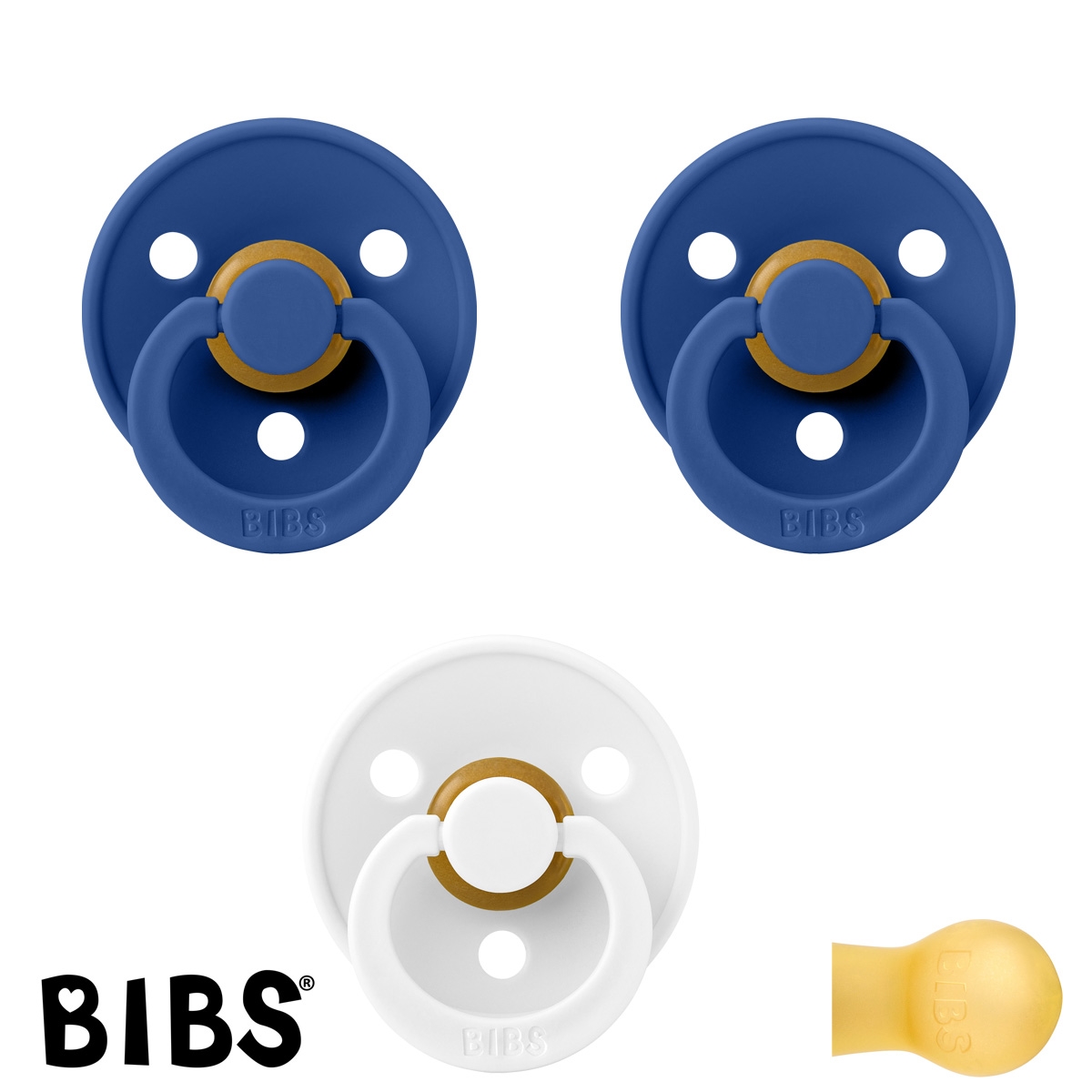BIBS Colour Schnuller mit Namen, Gr. 2, 2 Cornflower, 1 White, Rund Latex, (3er Pack)