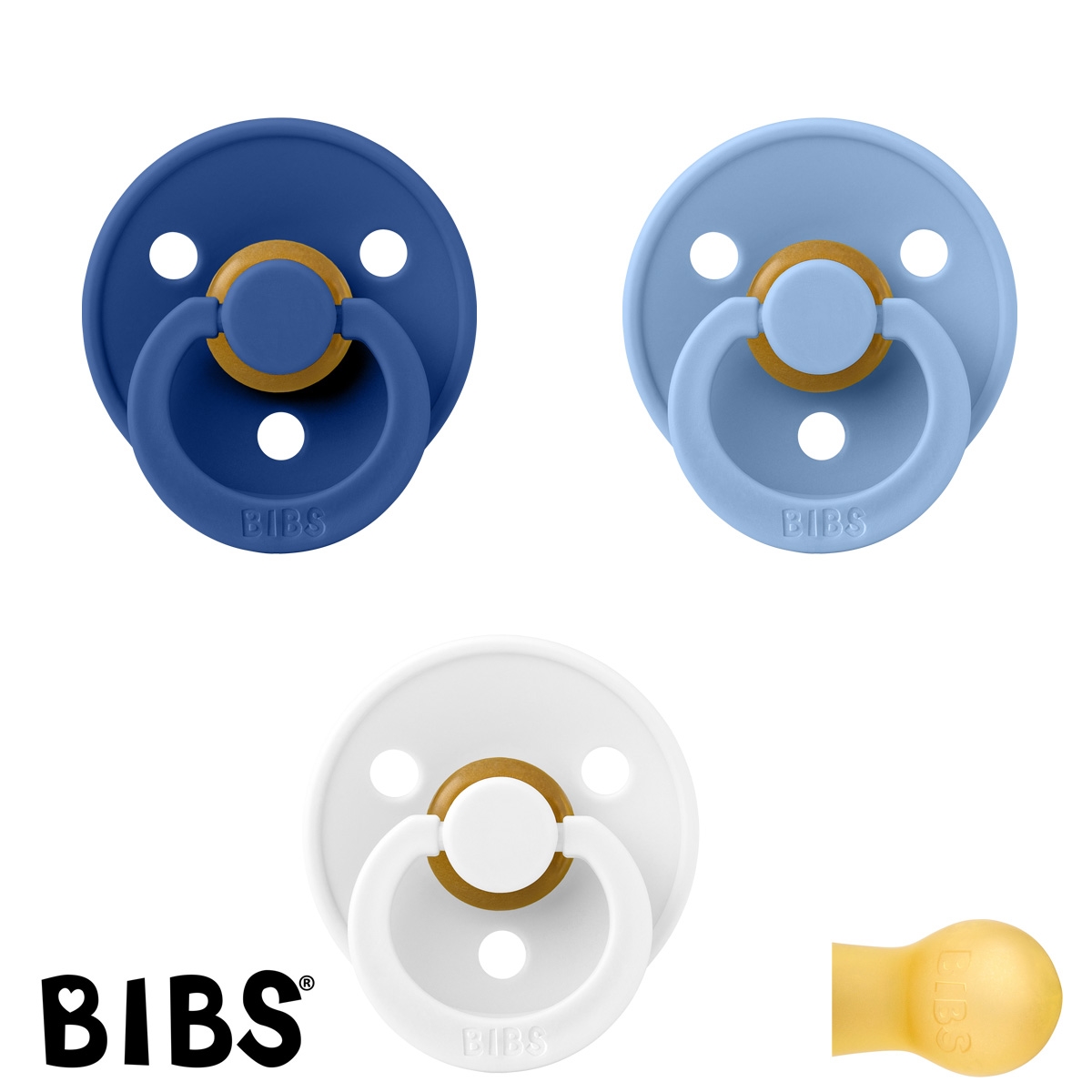 BIBS Colour Schnuller mit Namen, Gr. 2, Cornflower, White, Sky Blue, Rund Latex, (3er Pack)