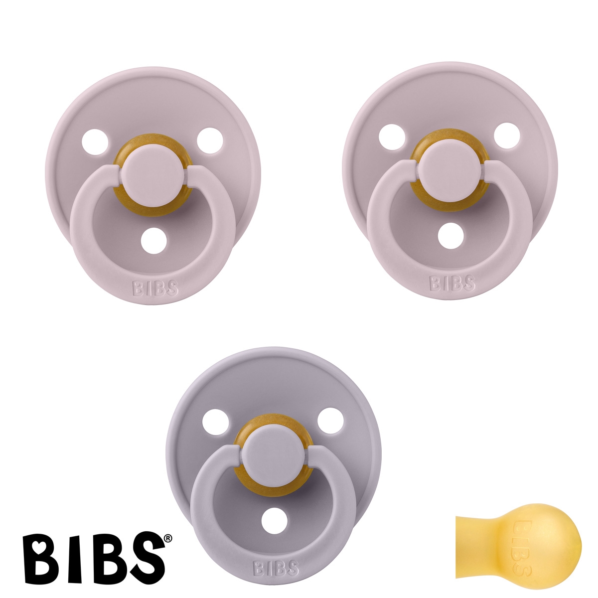 BIBS Colour Schnuller mit Namen, Gr. 2, 2 Dusky Lilac, 1 Fossil Grey, Rund Latex,  (3er Pack)