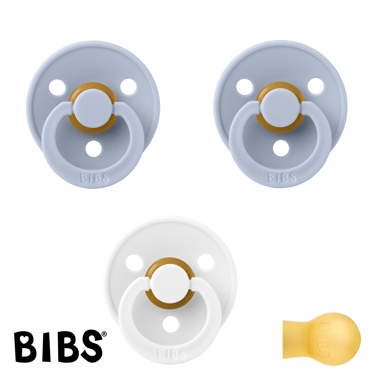 BIBS Colour Schnuller mit Namen, Gr. 2, 2 Dusty Blue, 1 White, Rund Latex, (3er Pack)