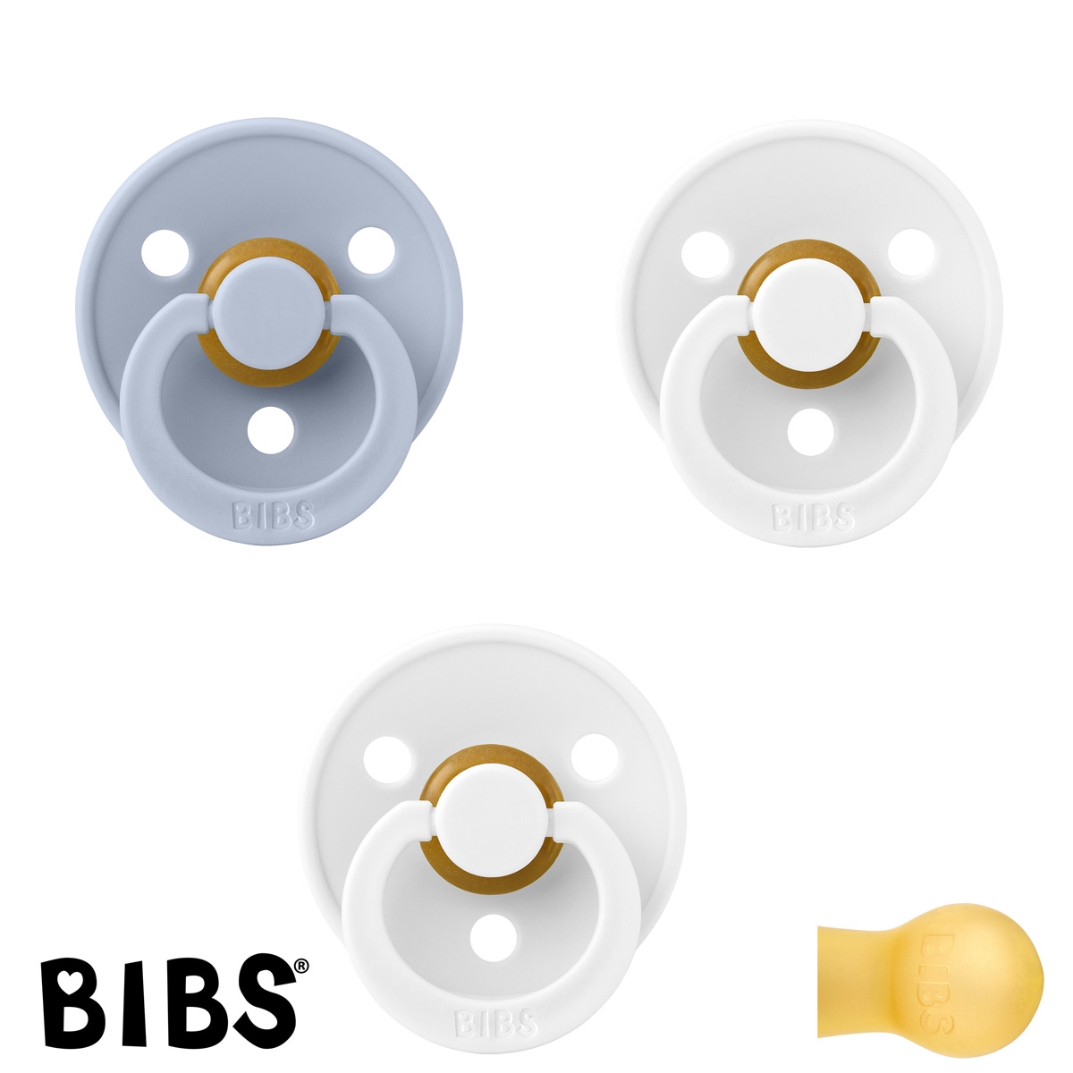 BIBS Colour Schnuller mit Namen, Gr. 2, 2 White, 1 Dusty Blue, Rund Latex, (3er Pack)