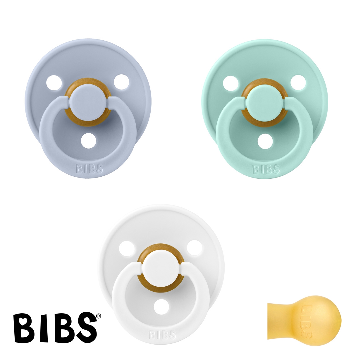 BIBS Colour Schnuller mit Namen, Gr. 2, Dusty Blue, White, Mint, Rund Latex, (3er Pack)