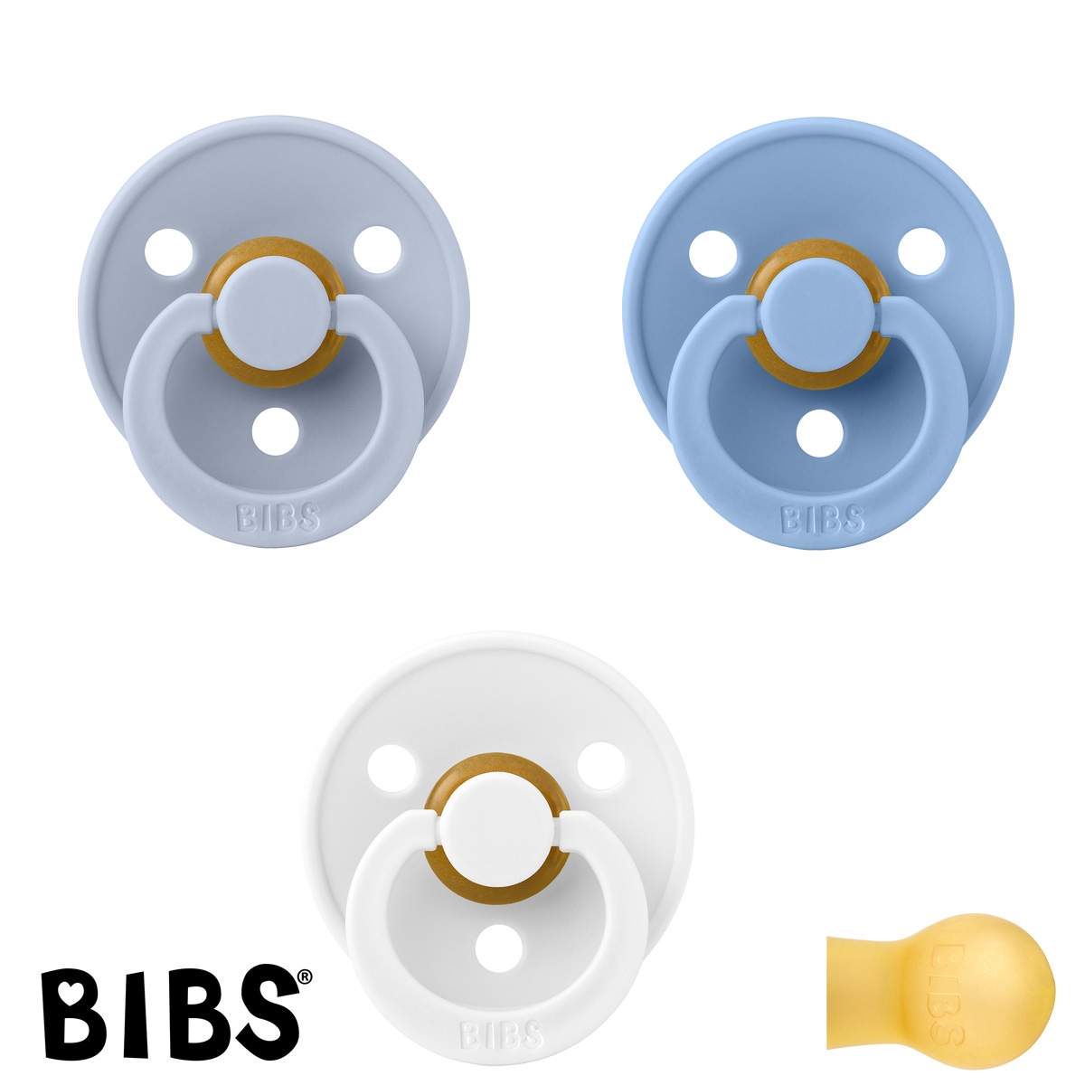 BIBS Colour Schnuller mit Namen, Gr. 2, Dusty Blue, Sky Blue, White, Rund Latex, (3er Pack)