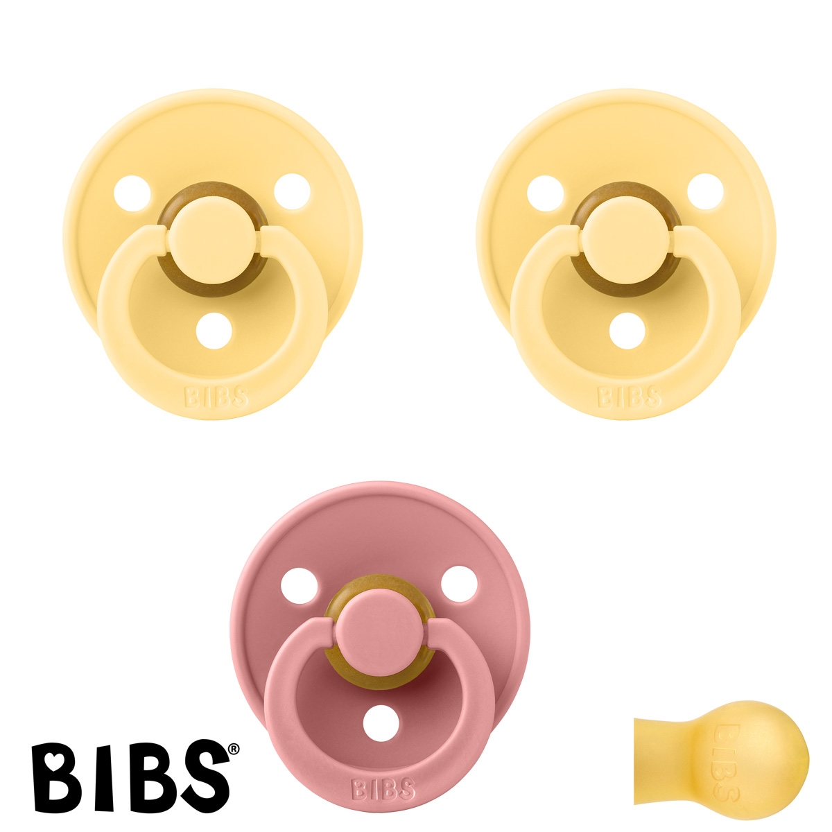 BIBS Colour Schnuller mit Namen, Gr. 2, Pale Butter, 1 Dusty Pink, Rund Latex, (3er Pack)