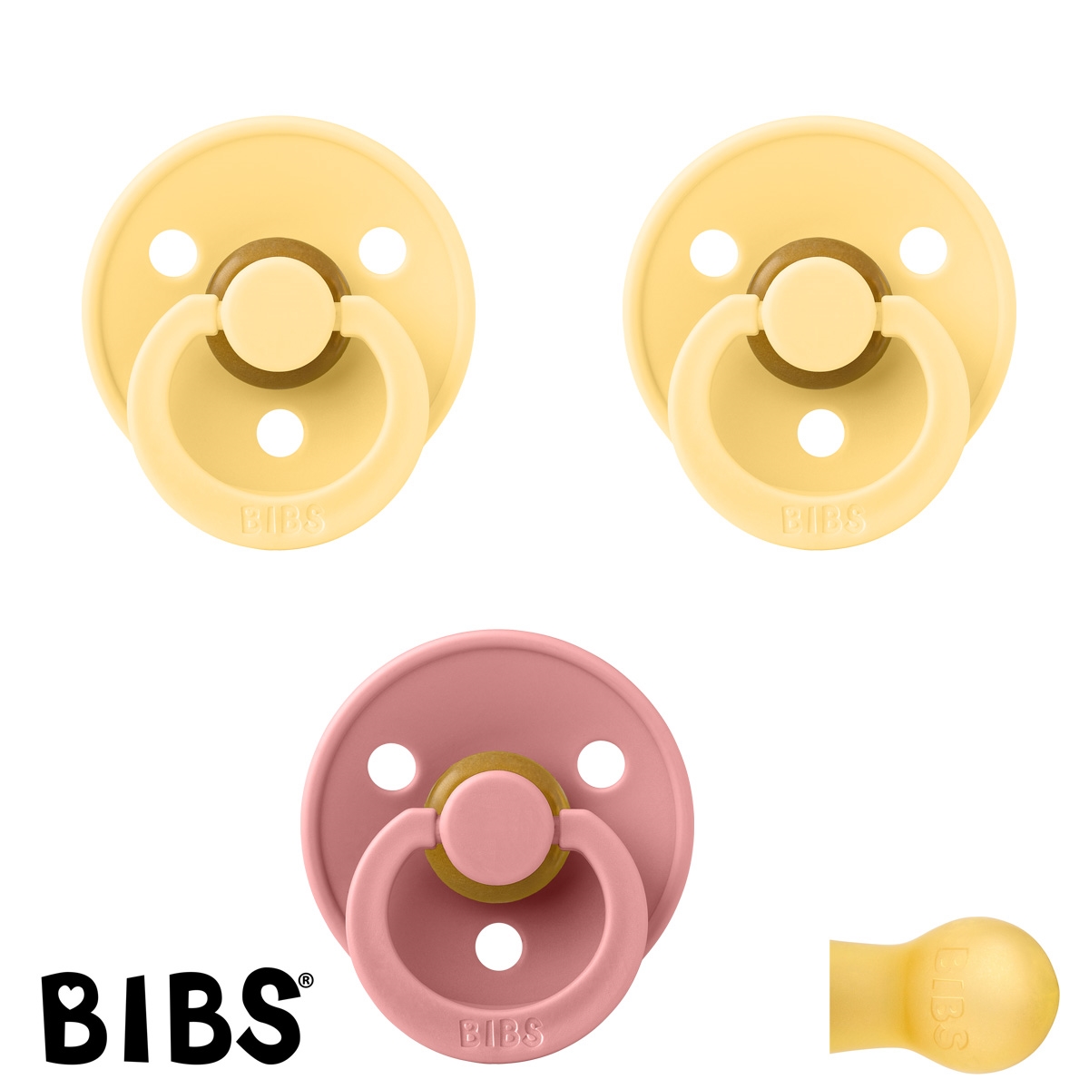 BIBS Colour Schnuller mit Namen, Gr. 2, 2 Pale Butter, 1 Dusty Pink, Rund Latex, (3er Pack)