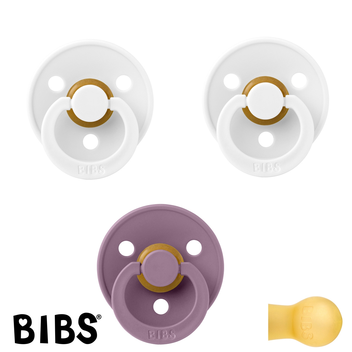 BIBS Colour Schnuller mit Namen, Gr. 2, 2 White, 1 Mauve, Rund Latex, (3er Pack)