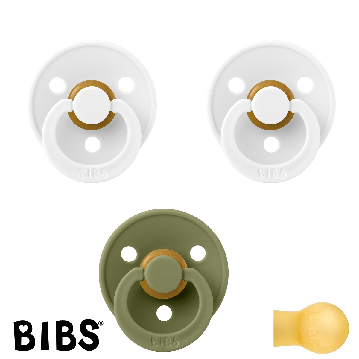 BIBS Colour Schnuller mit Namen, Gr. 2, 2 White, 1 Olive, Rund Latex, (3er Pack)