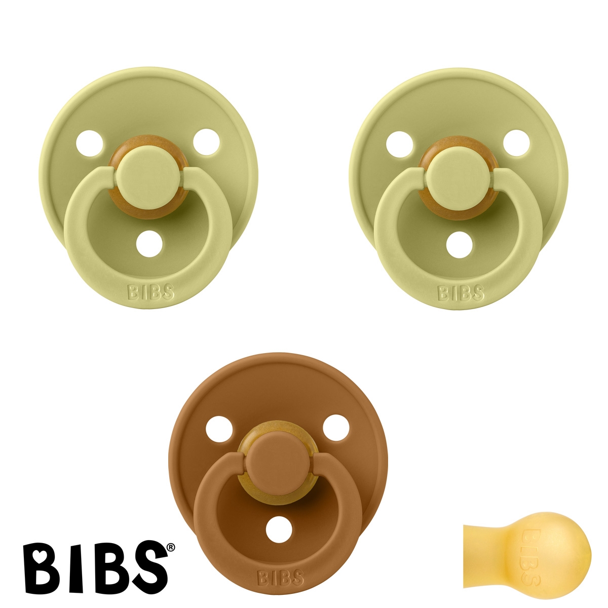 BIBS Colour Schnuller mit Namen, Gr. 2, 2 Meadow, 1 Caramel, Rund Latex, (3er Pack)