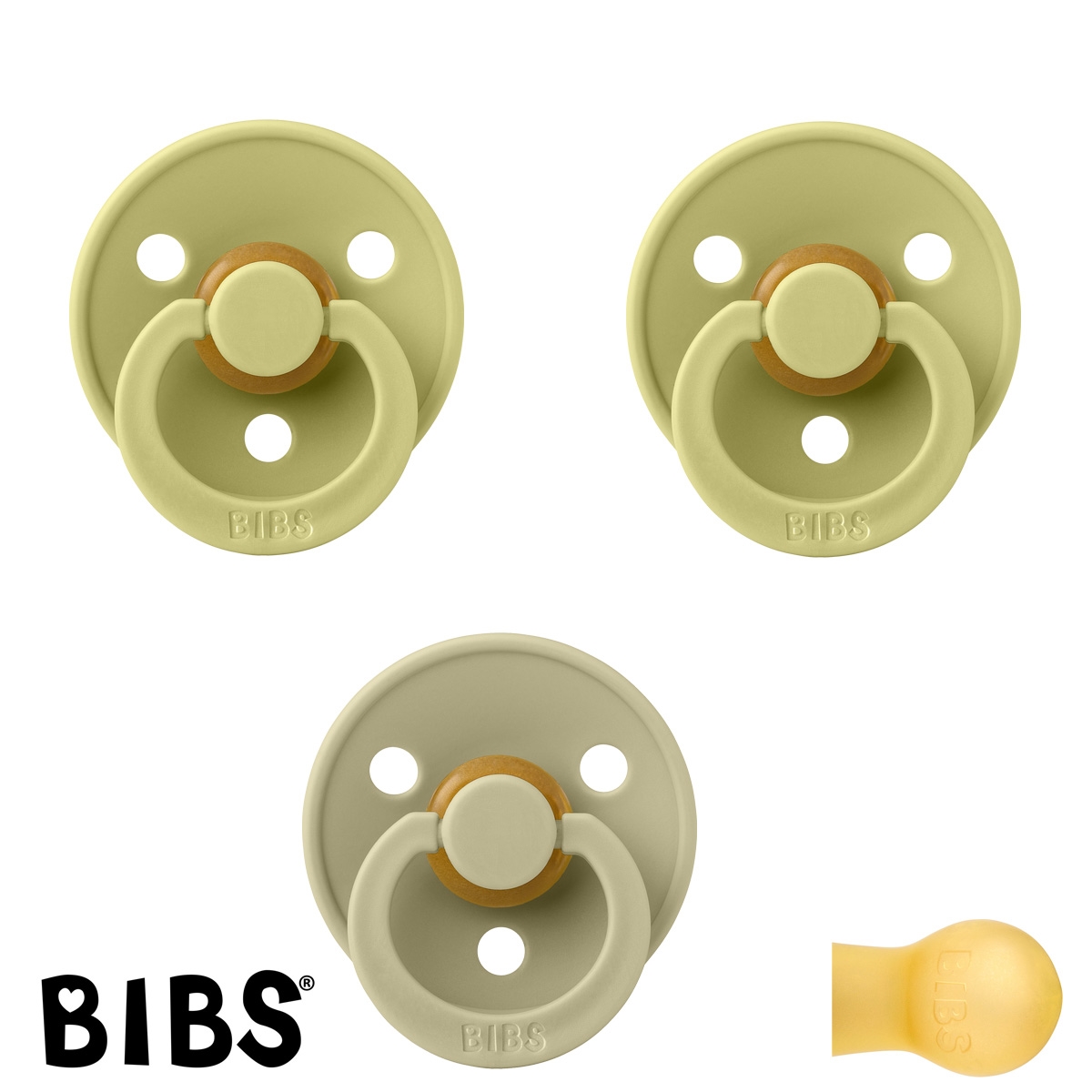 BIBS Colour Schnuller mit Namen, Gr. 2, 2 Meadow, 1 Khaki, Rund Latex, (3er Pack)