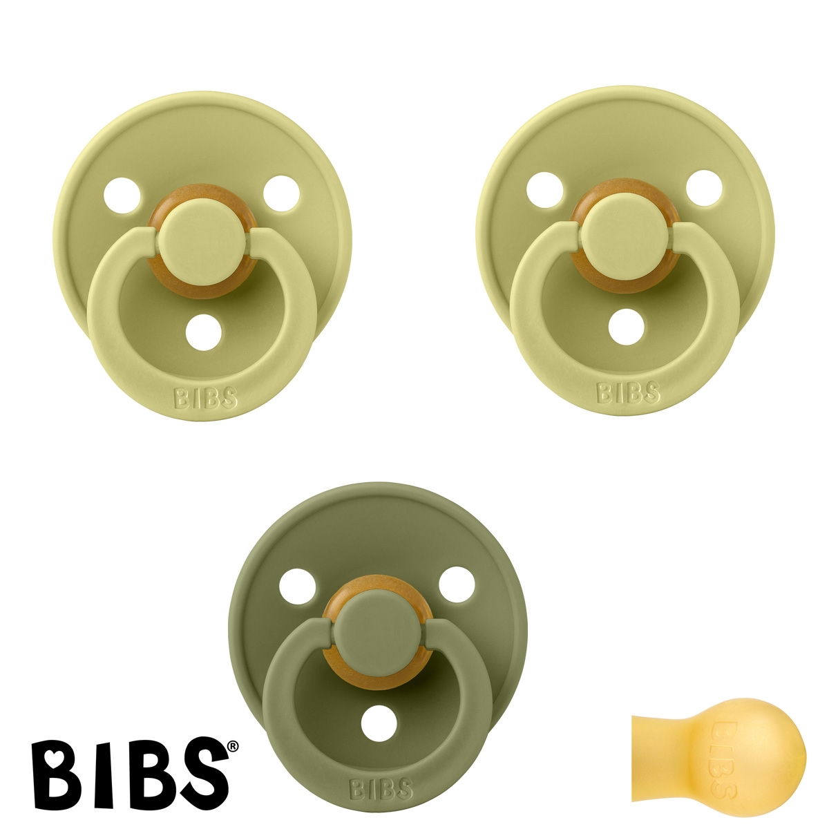 BIBS Colour Schnuller mit Namen, Gr. 2, 2 Meadow, 1 Olive, Rund Latex, (3er Pack)