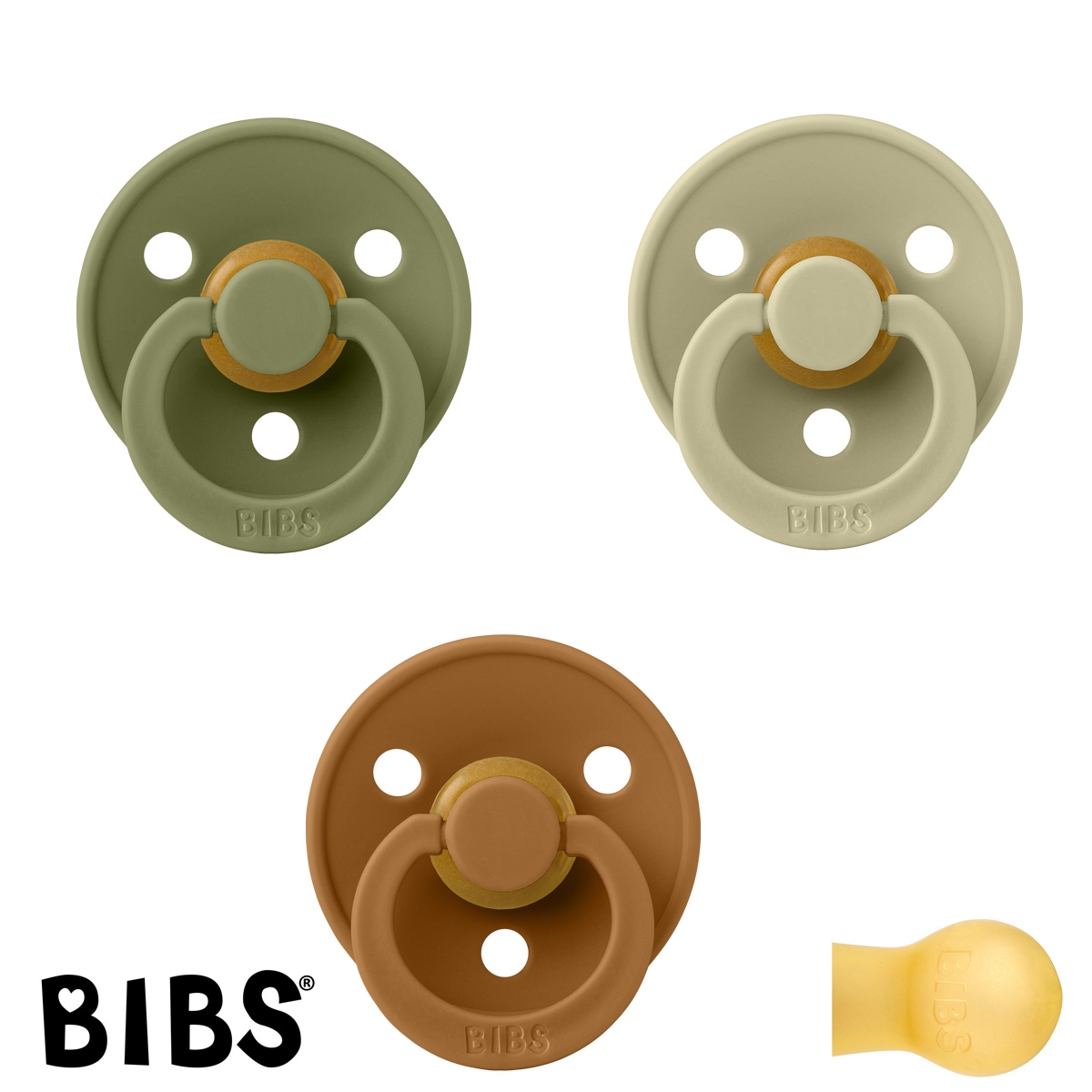BIBS Colour Schnuller mit Namen, Gr 2, Olive, Caramel, Khaki, Rund Latex, (3er Pack)