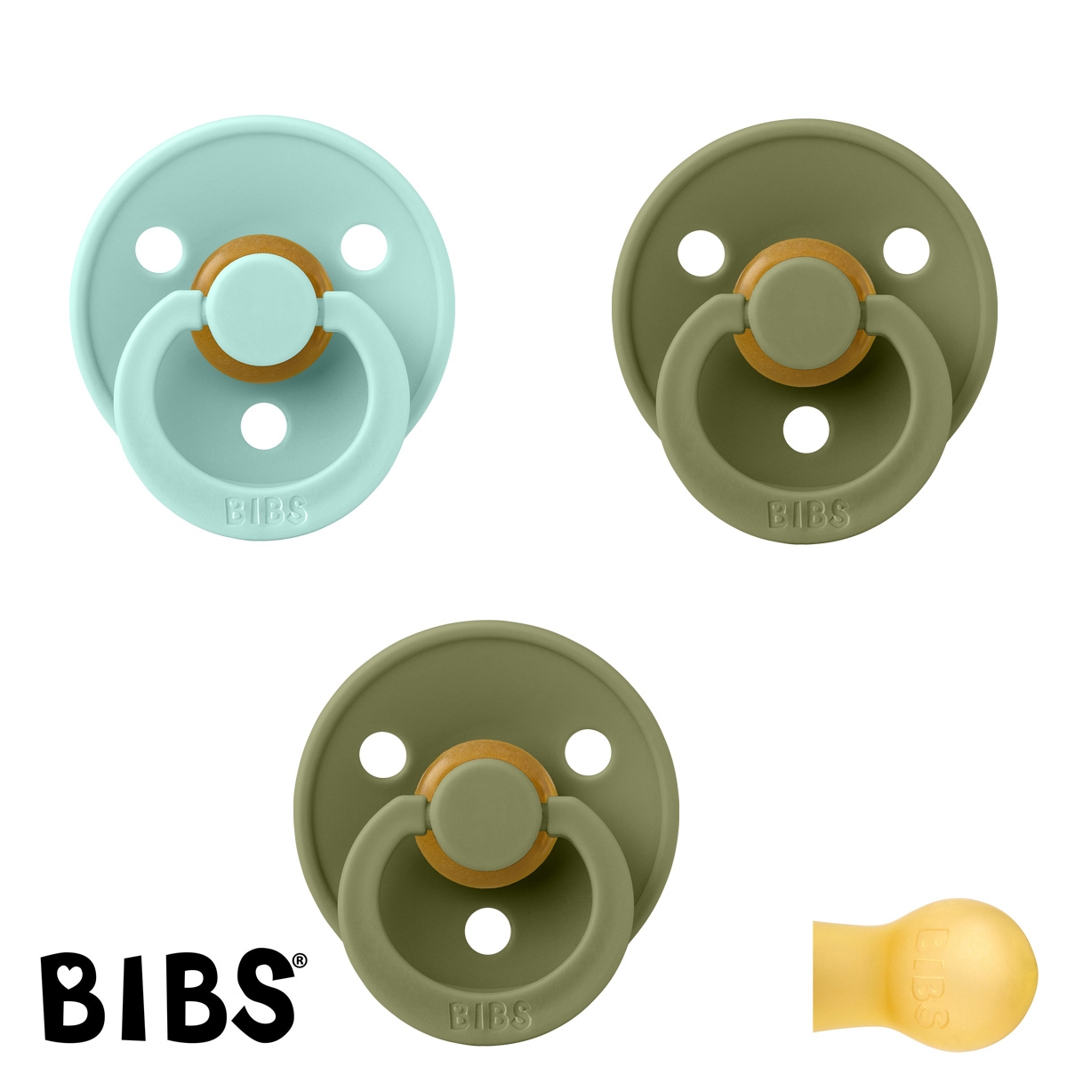 BIBS Colour Schnuller mit Namen, Gr. 2, 2 Olive, 1 Mint, Rund Latex, (3er Pack)