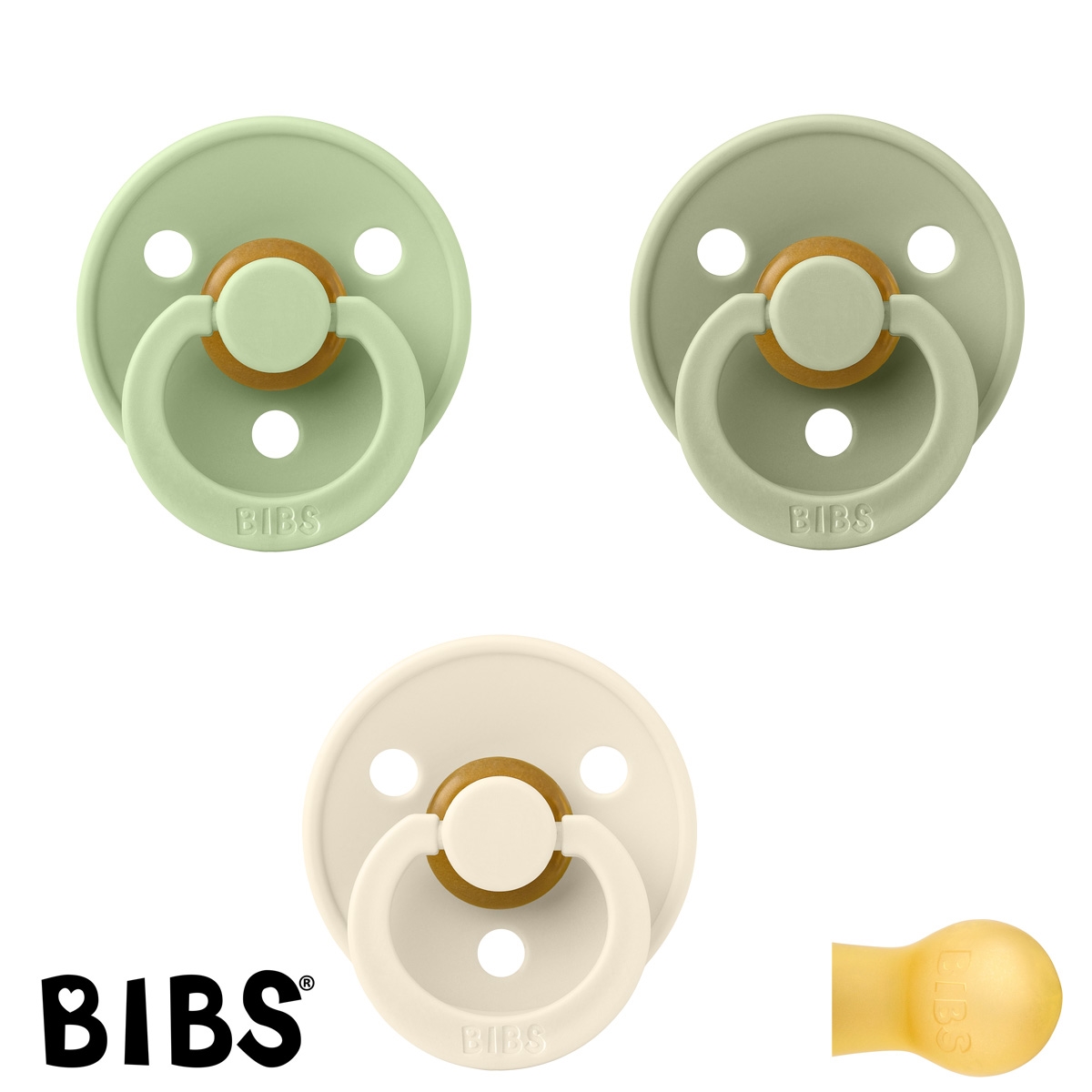 BIBS Colour Schnuller mit Namen, Gr. 2, Ivory, Pistachio, Sage, Rund Latex, (3er Pack)