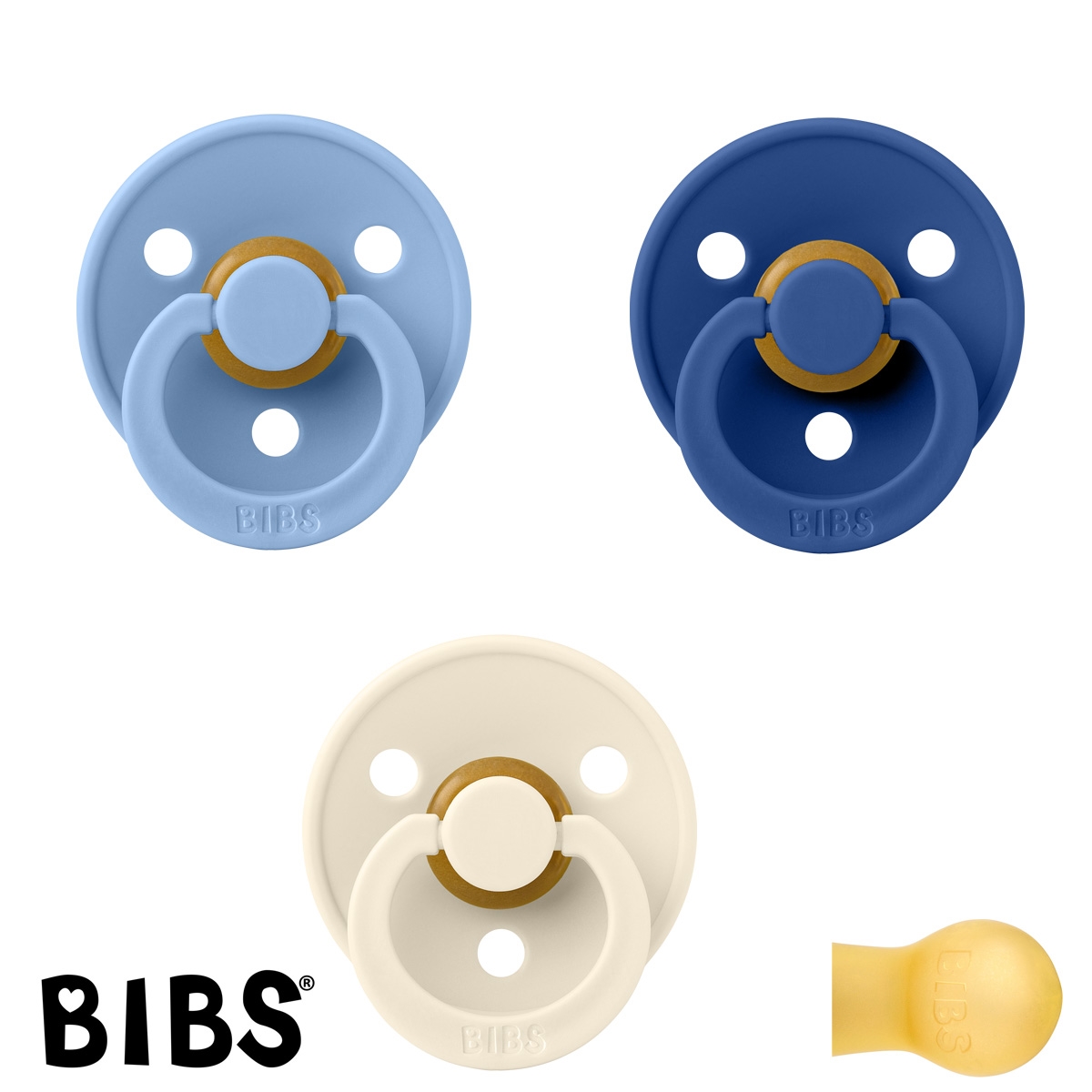 BIBS Colour Schnuller mit Namen, Gr. 2, Ivory, Cornflower, Sky Blue, Rund Latex, (3er Pack)