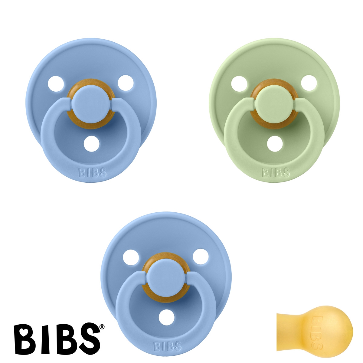 BIBS Colour Schnuller mit Namen, Gr. 2, 1 Pistachio, 2 Sky Blue, Rund Latex, (3er Pack)