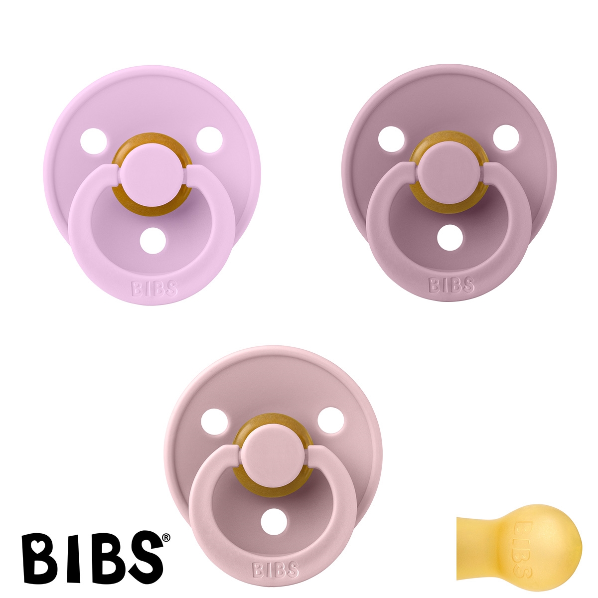 BIBS Colour Schnuller mit Namen, Gr. 2 / ab 6 Monaten - 3er-Pack, Violet Sky, Heather und Pink Plum, rund, Latex