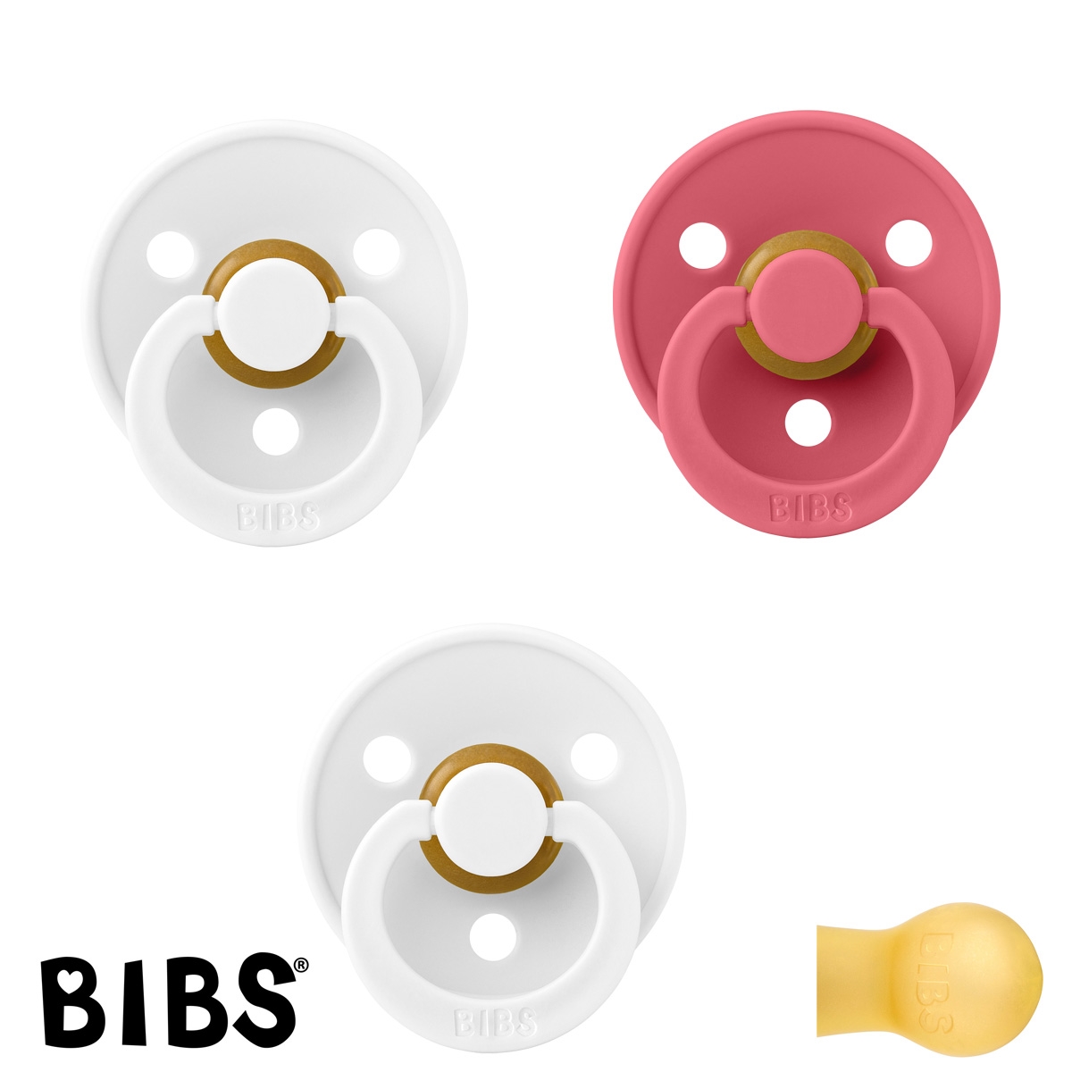BIBS Colour Schnuller mit Namen, Gr. 2, White, White, Coral, Rund Latex, (3er Pack)