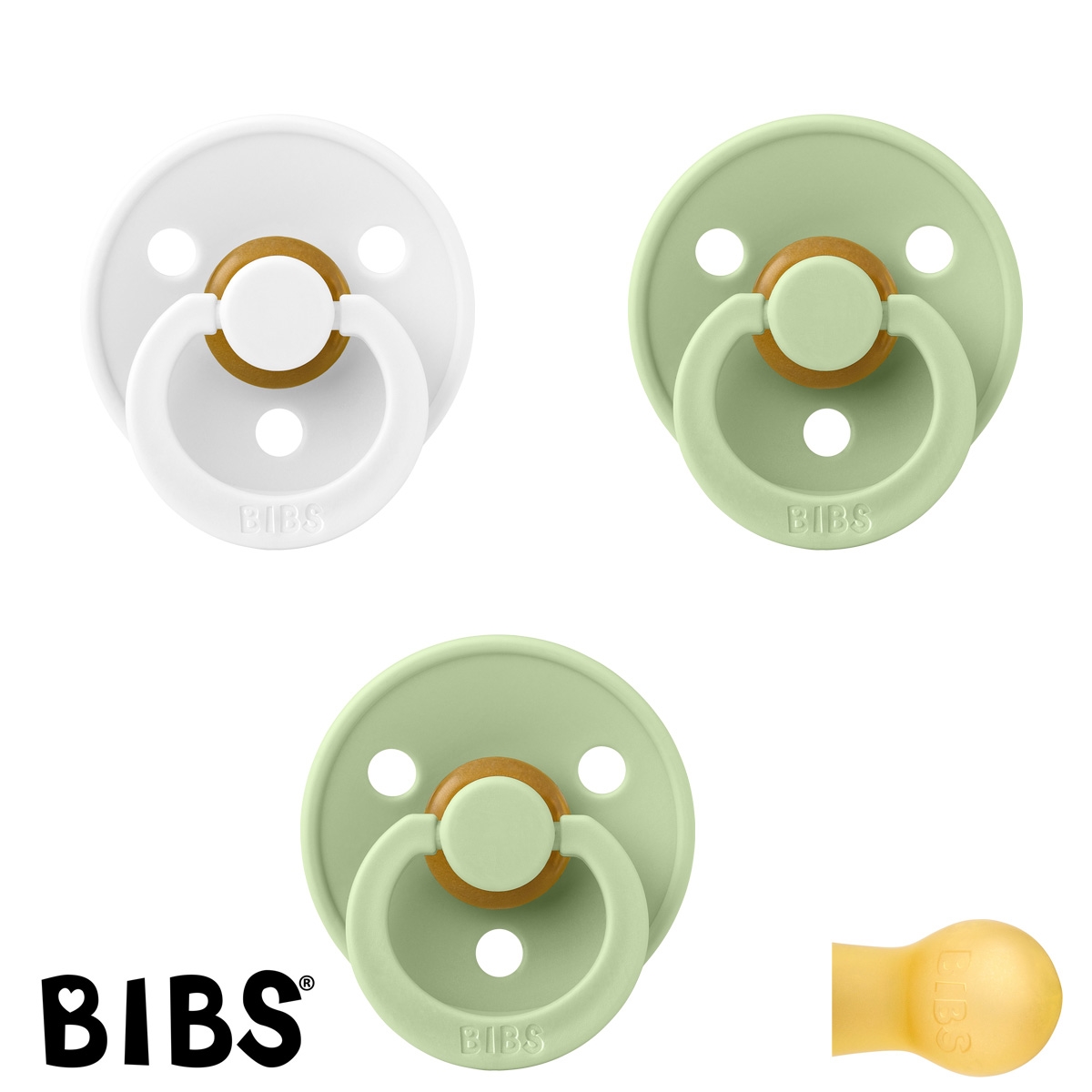 BIBS Colour Schnuller mit Namen, Gr. 2, 2 Pistachio, 1 White, Rund Latex, (3er Pack)