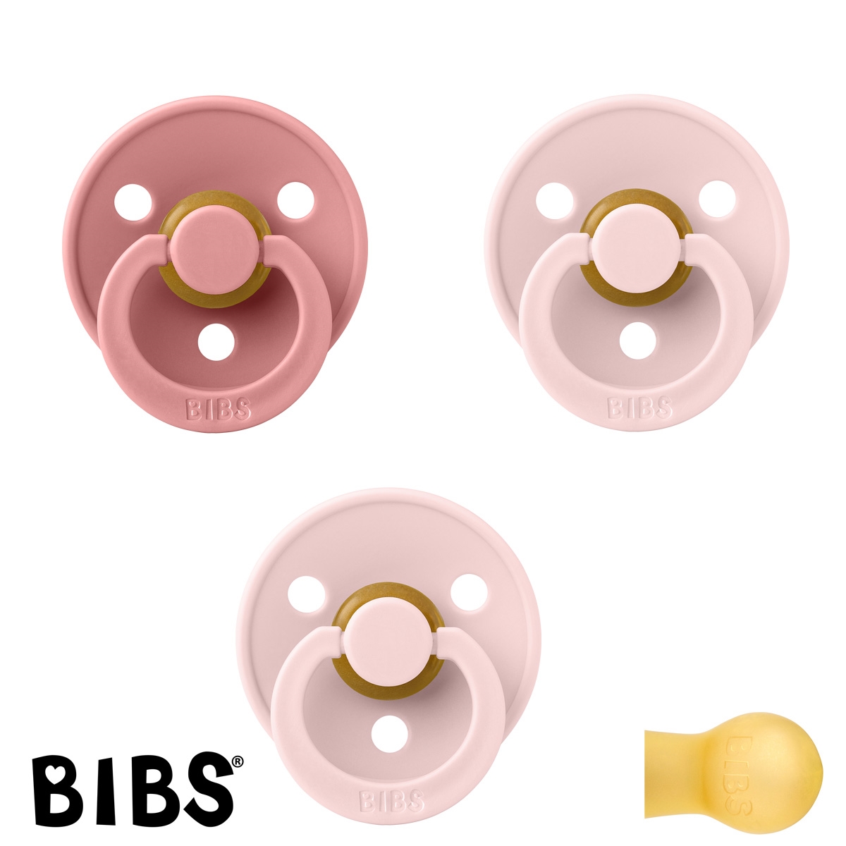 BIBS Colour Schnuller mit Namen, Gr. 1, 1 Dusty Pink, 2 Blossom, Rund Latex, (3er Pack)