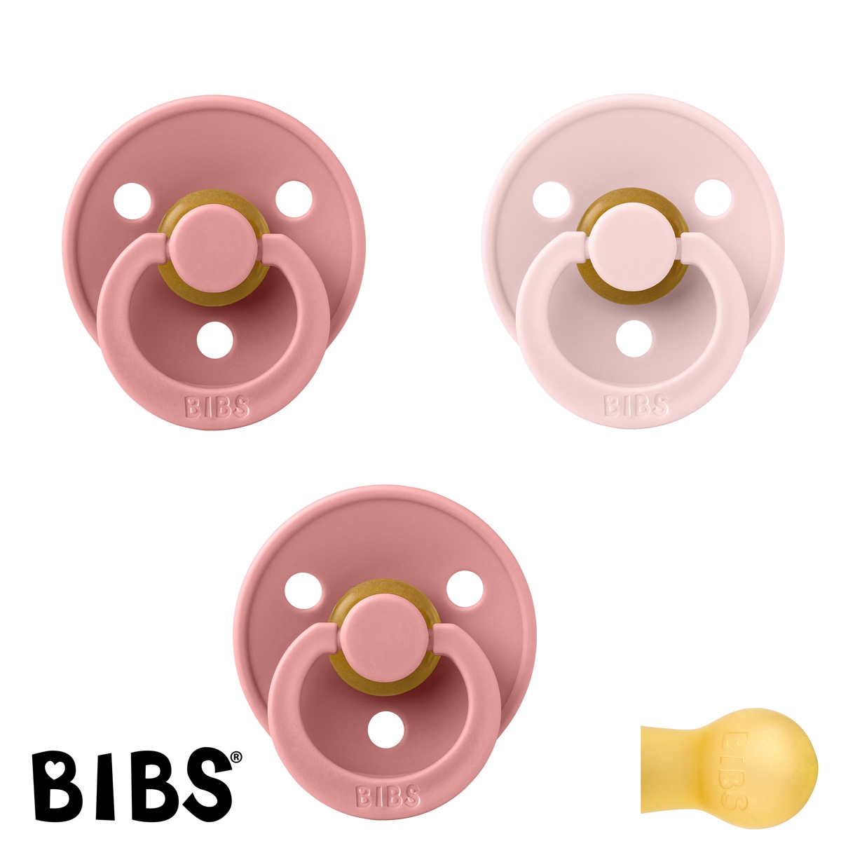 BIBS Colour Schnuller mit Namen, Gr. 1, 2 Dusty Pink, 1 Blossom, Rund Latex, (3er Pack)