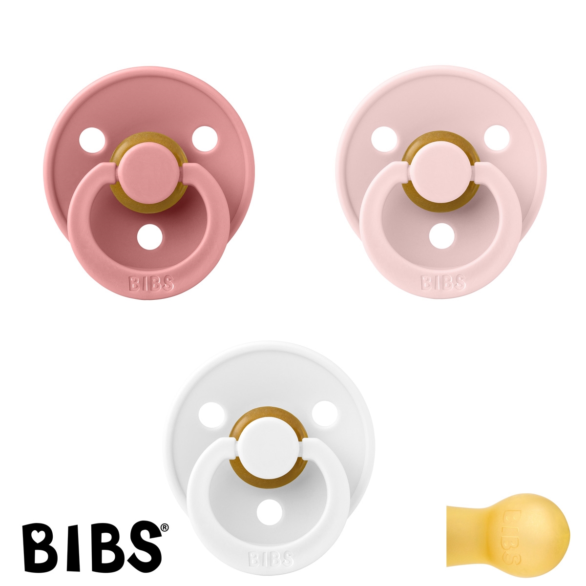 BIBS Colour Schnuller mit Namen, Gr. 1, White, Dusty Pink, Blossom, Rund Latex, (3er Pack)