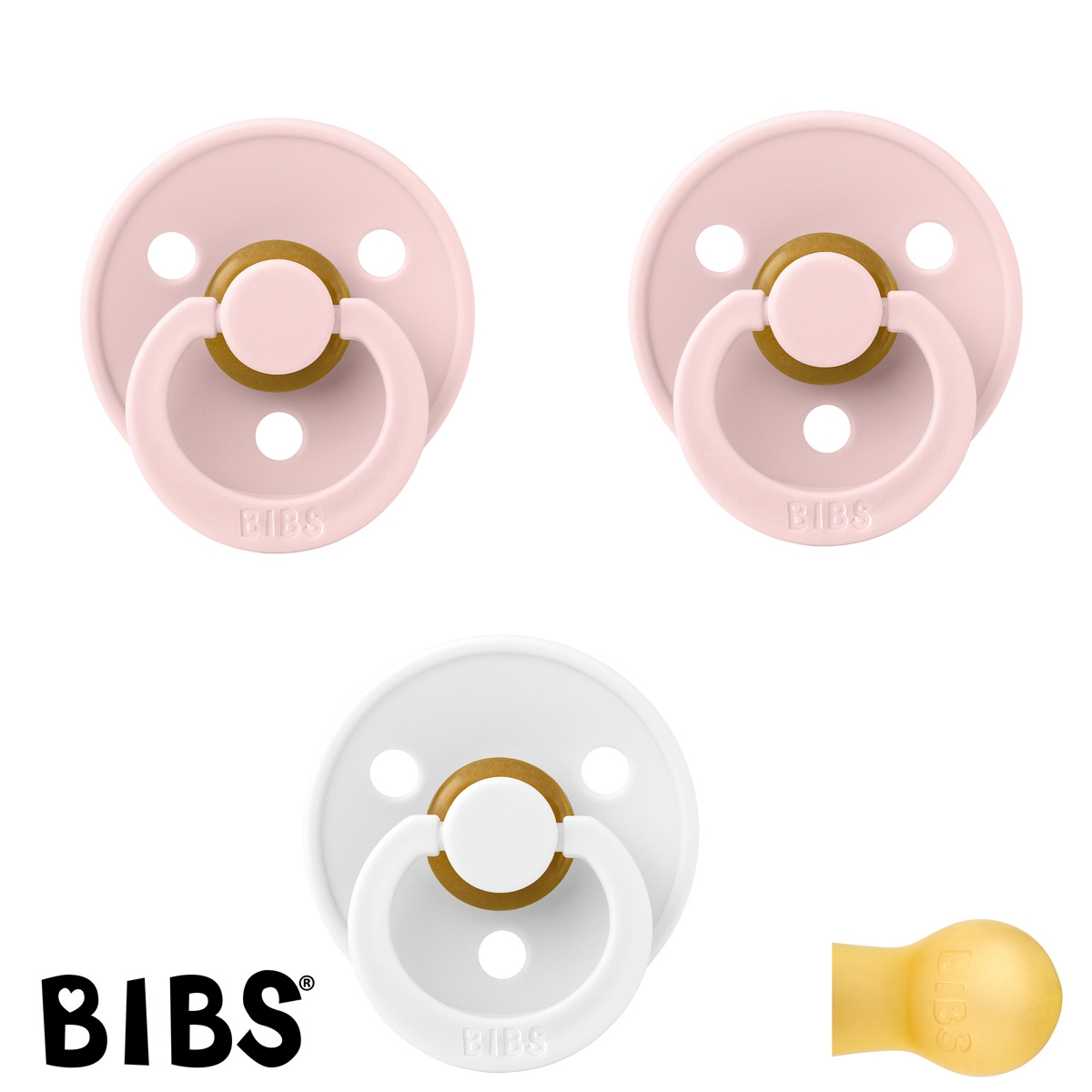 BIBS Colour Schnuller mit Namen, Gr. 1, 1 White, 2 Blossom, Rund Latex, (3er Pack)