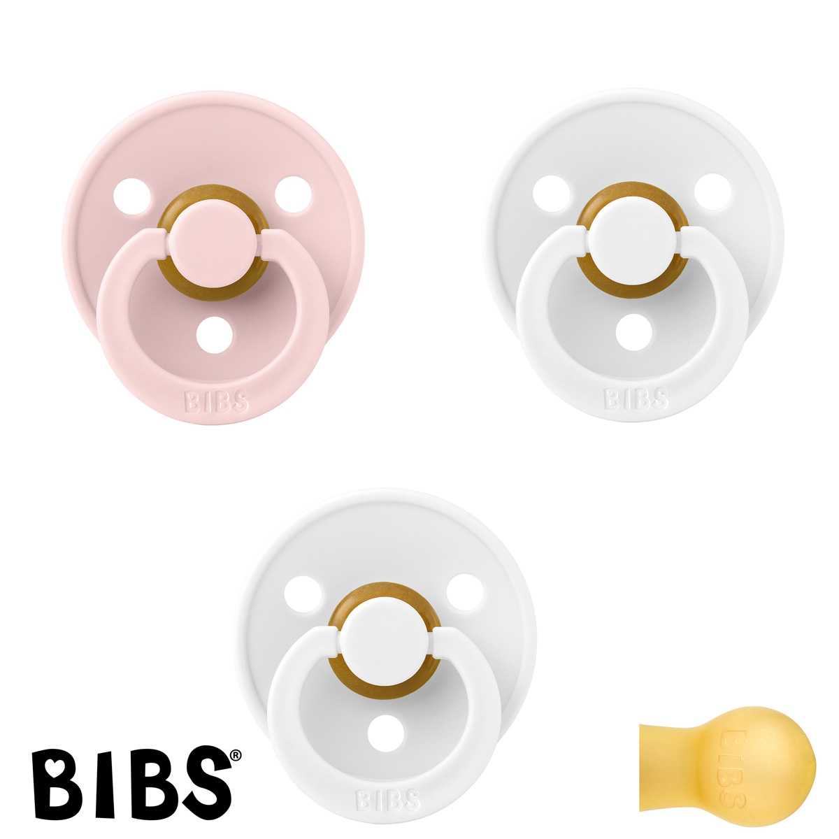 BIBS Colour Schnuller mit Namen, Gr. 1, 2 White, 1 Blossom, Rund Latex, (3er Pack)