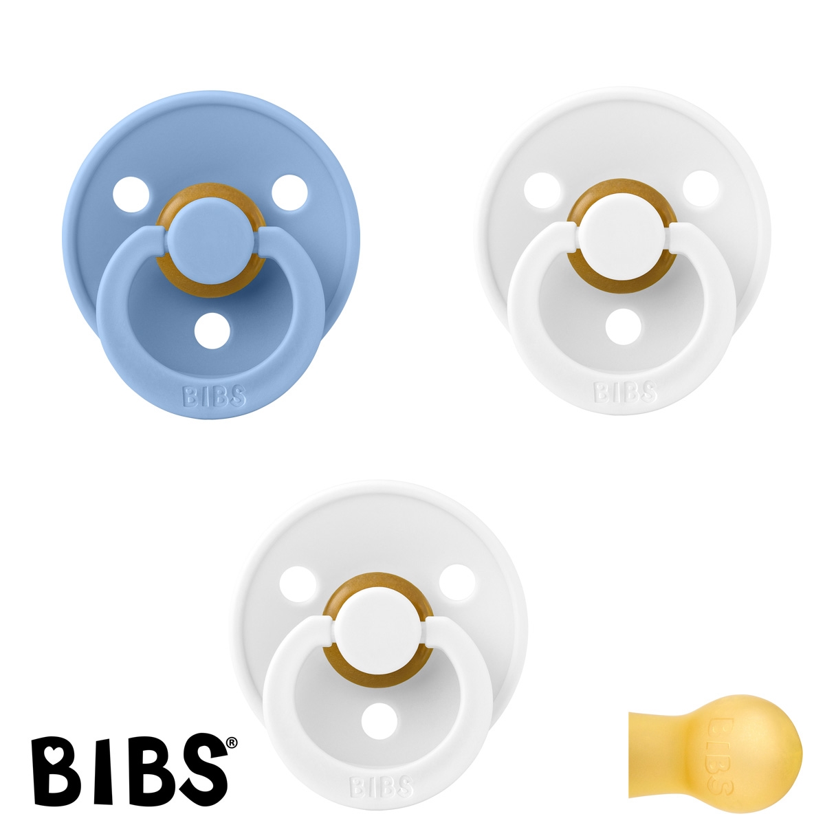 BIBS Colour Schnuller mit Namen, Gr. 1, 1 Sky Blue, 2 White, Rund Latex, (3er Pack)