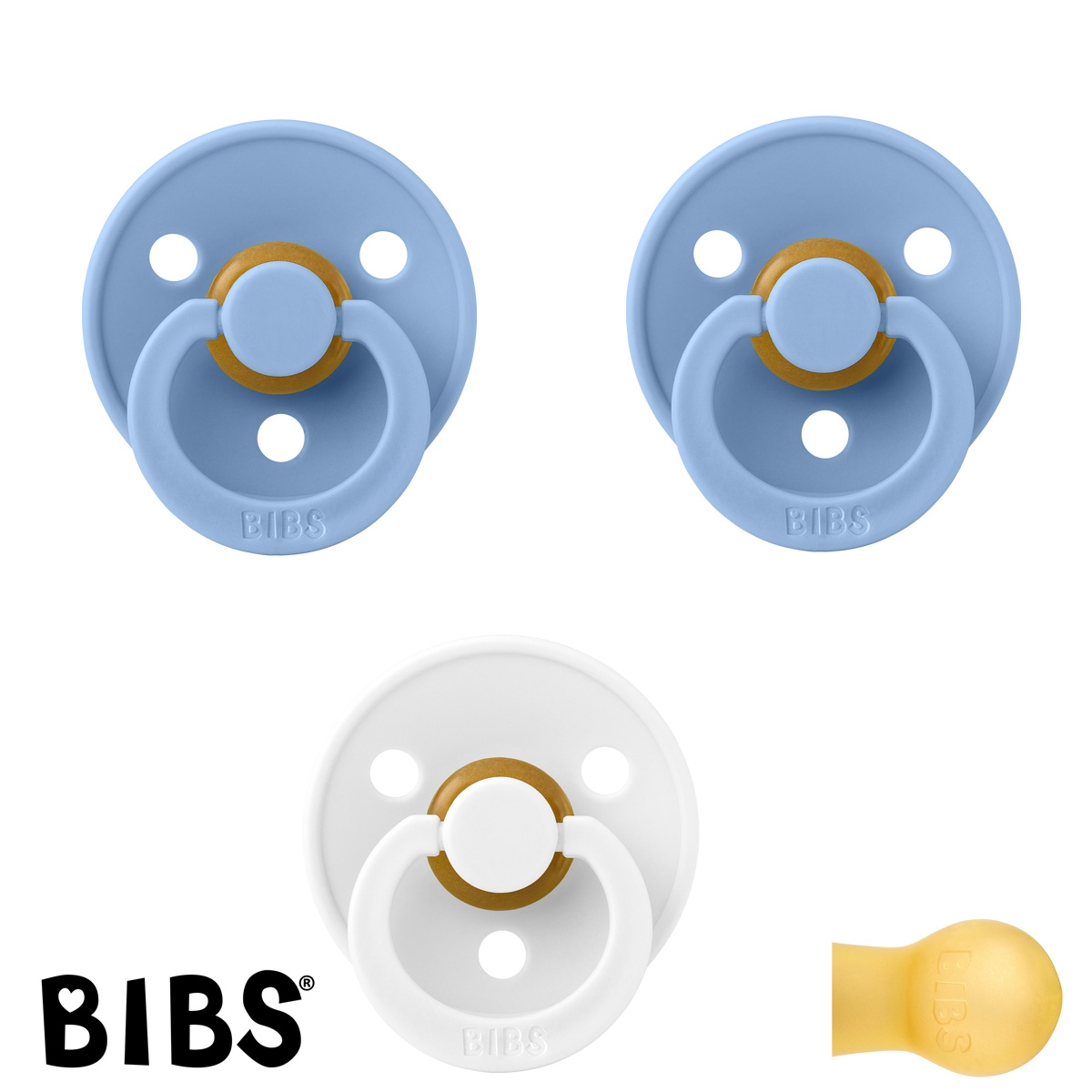 BIBS Colour Schnuller mit Namen, Gr. 1, 2 Sky Blue, 1 White, Rund Latex, (3er Pack)