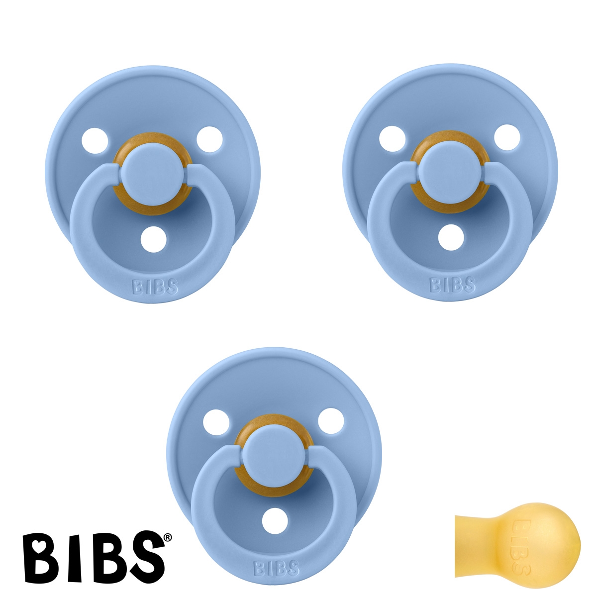 BIBS Colour Schnuller mit Namen, Gr. 1, 3 Sky Blue, Rund Latex, (3er Pack)