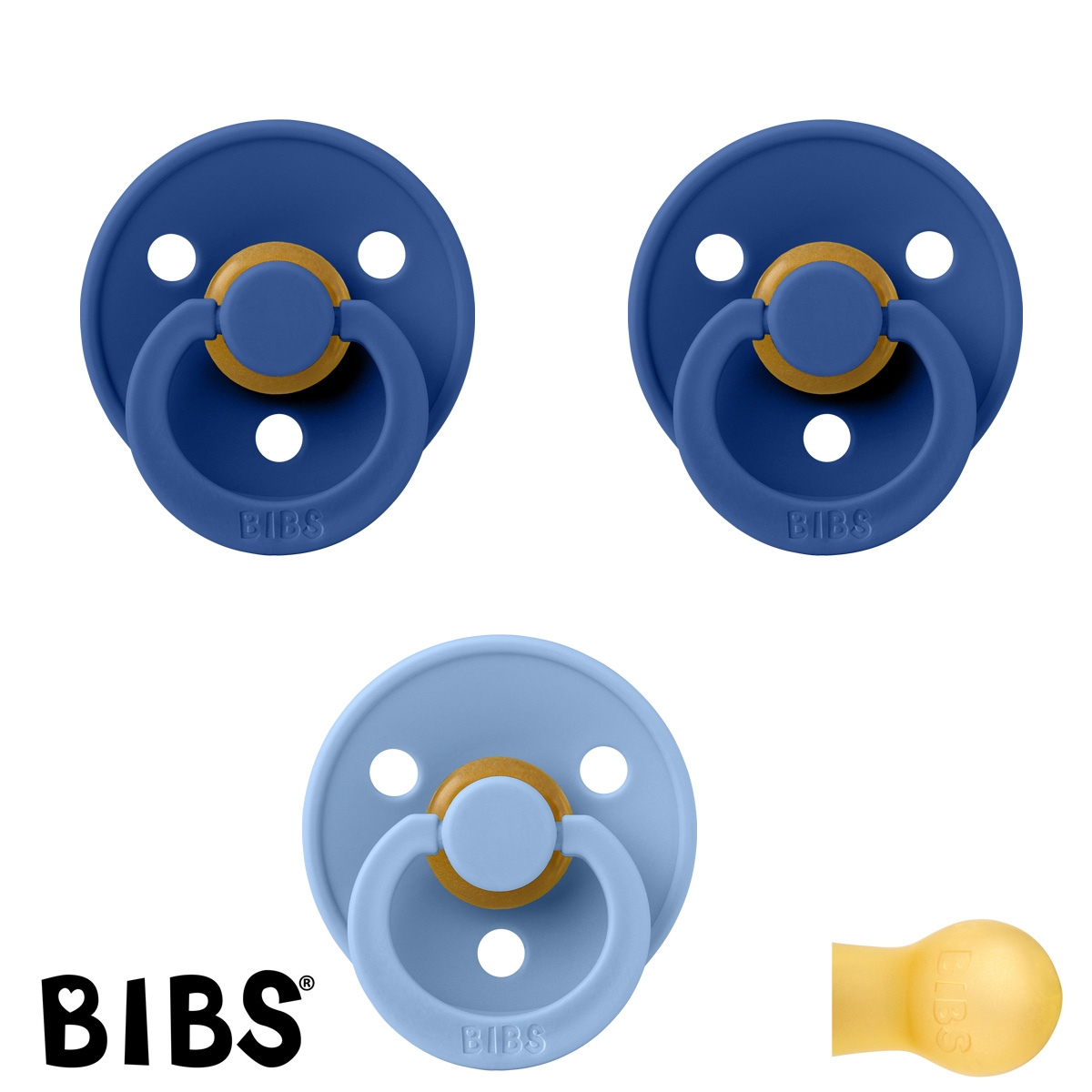 BIBS Colour Schnuller mit Namen, Gr. 1, 2 Cornflower, 1 Sky Blue, Rund Latex, (3er Pack)