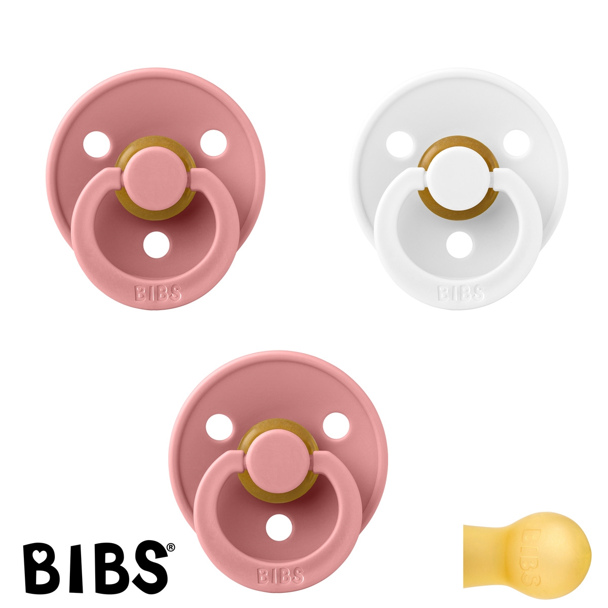 BIBS Colour Schnuller mit Namen, Gr. 1, 2 Dusty Pink, 1 White, Rund Latex, (3er Pack)
