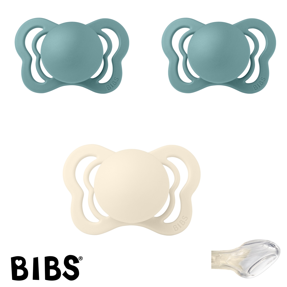 BIBS Couture mit Namen, 1 Ivory, 2 Island Sea, Gr. 1, Anatomisch, Silikon, 3\'er Pack