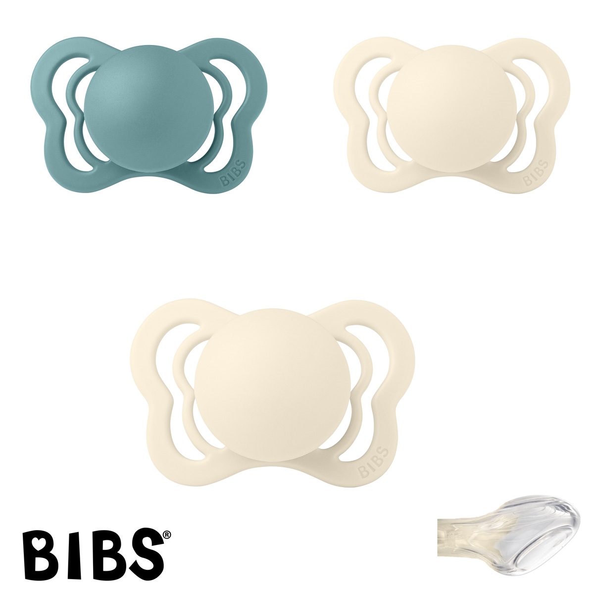 BIBS Couture mit Namen, 2 Ivory, 1 Island Sea, Gr. 1, Anatomisch, Silikon, 3\'er Pack