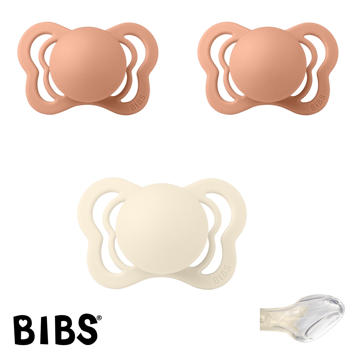 BIBS Couture mit Namen, 2 Peach, 1 Ivory, Gr. 1, Anatomisch, Silikon, 3\'er Pack