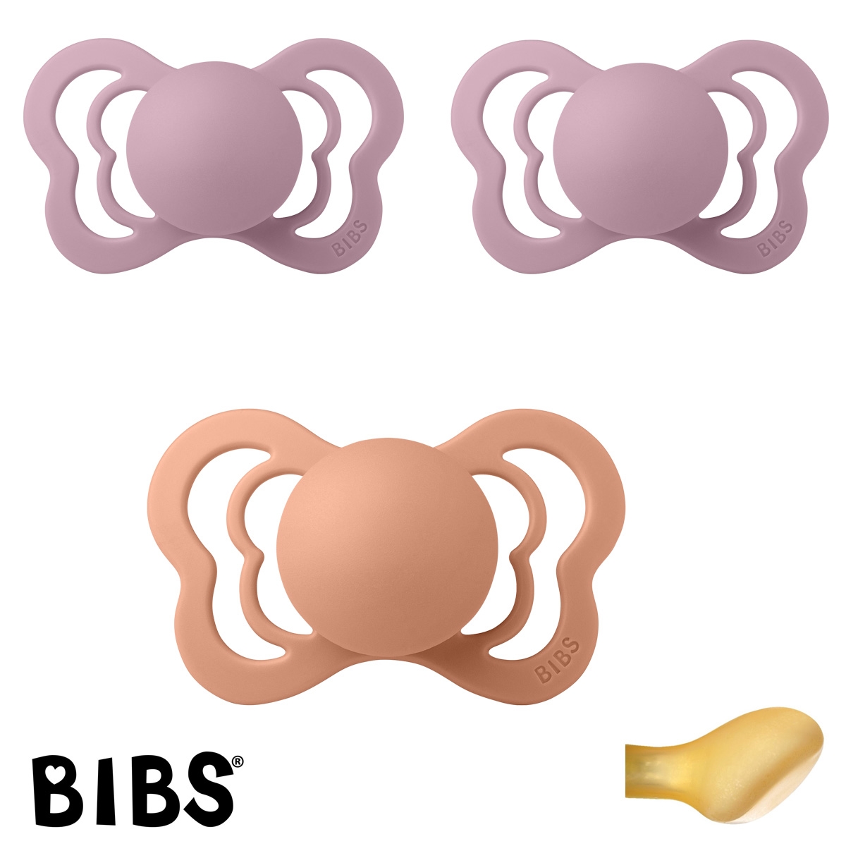 BIBS Couture mit Namen, 1 Peach, 2 Heather, Gr. 2, Anatomisch, Silikon, 3\'er Pack