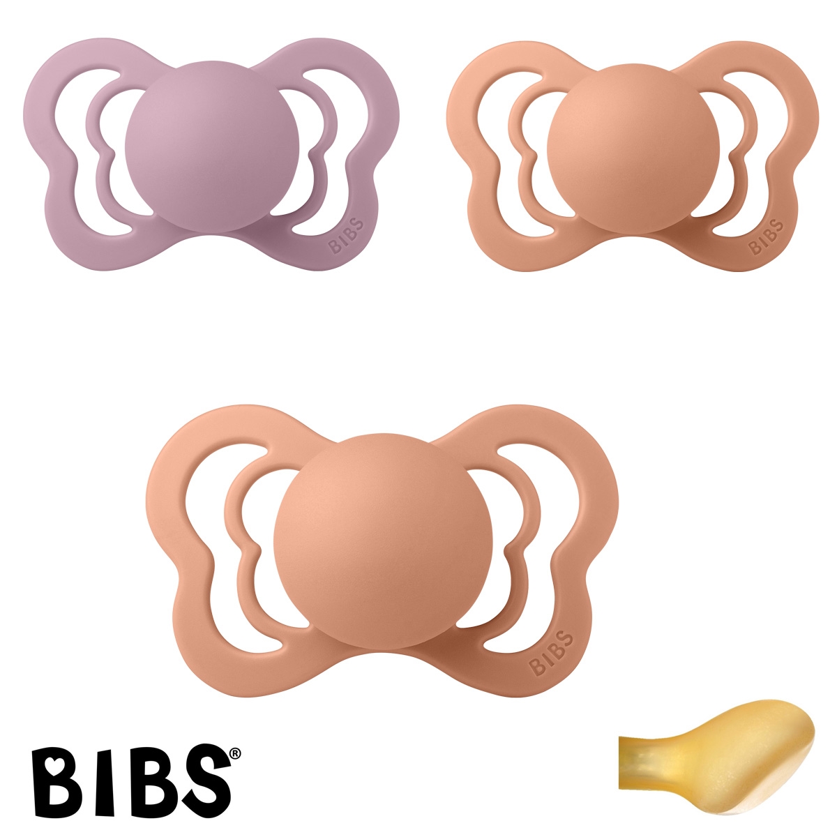 BIBS Couture mit Namen, 2 Peach, 1 Heater, Gr. 2, Anatomisch, Latex, 3\'er Pack