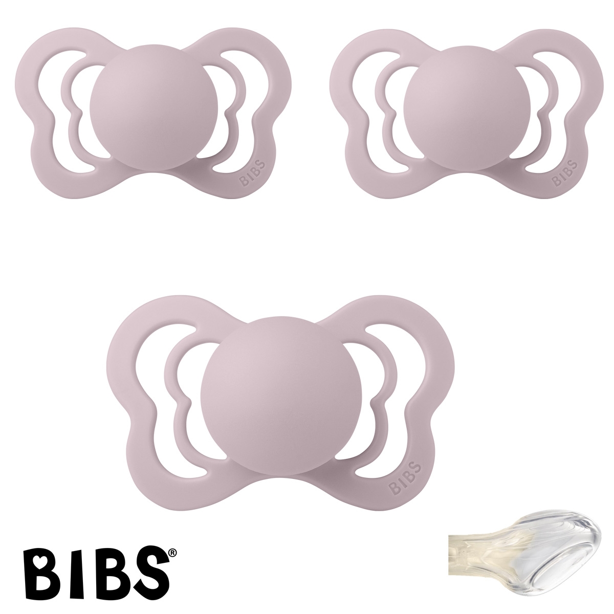 BIBS Couture mit Namen, 3 Dusky Lilac, Gr. 2, Anatomisch, Silikon, 3\'er Pack