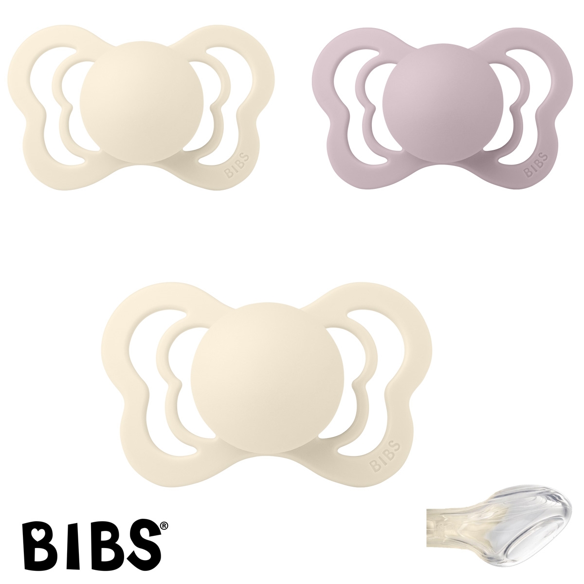 BIBS Couture mit Namen, 2 Ivory, 1 Dusky Lilac, Gr. 2,  Anatomisch, Silikon, 3\'er Pack